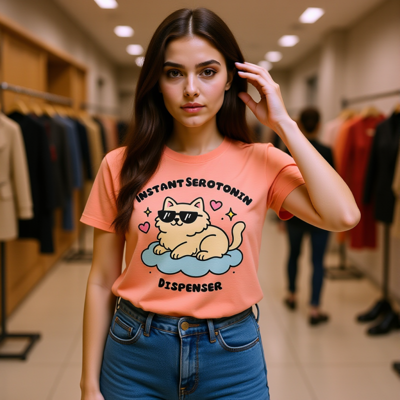 Instant Serotonin Dispenser – Cartoon Cat T-Shirt - Image 2