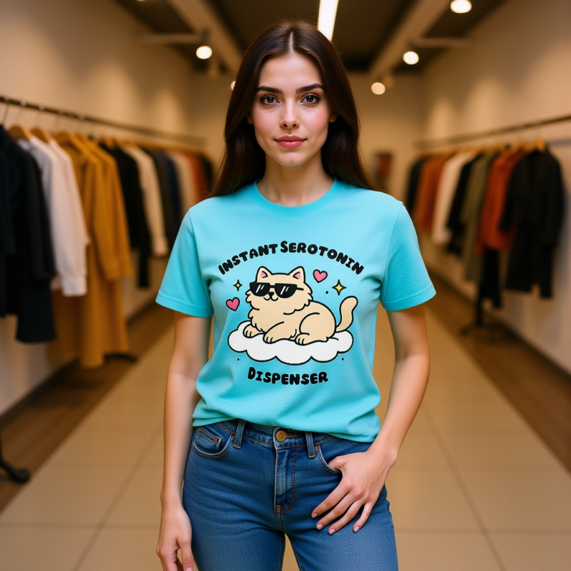 Instant Serotonin Dispenser – Cartoon Cat T-Shirt - Image 3